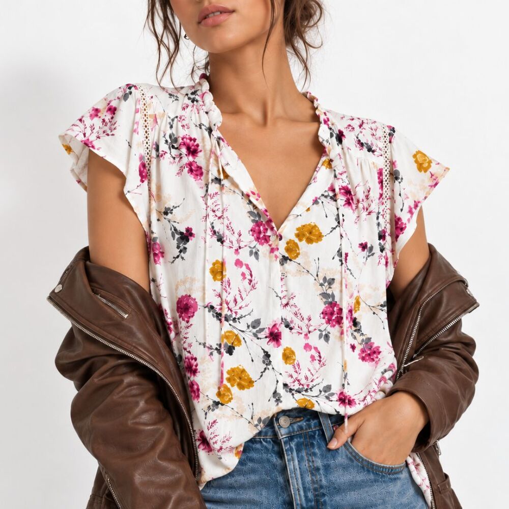 Buffalo David Bitton White Floral Boho Top Medium Flutter Romantic Crochet Trim